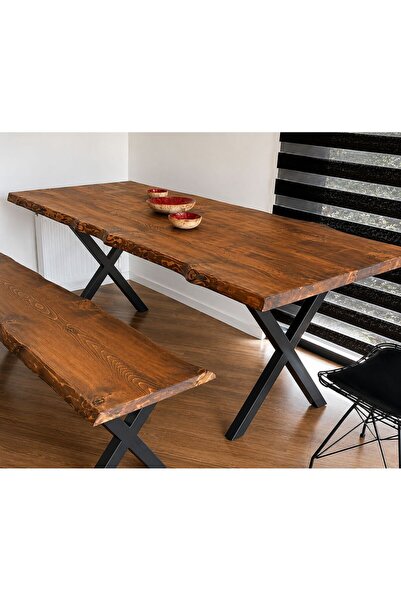 NATUREE AHŞAP Ahşap Kütük Yemek Banklı Masa 80 X 160 Masa 35 x 140 Bank Metal...