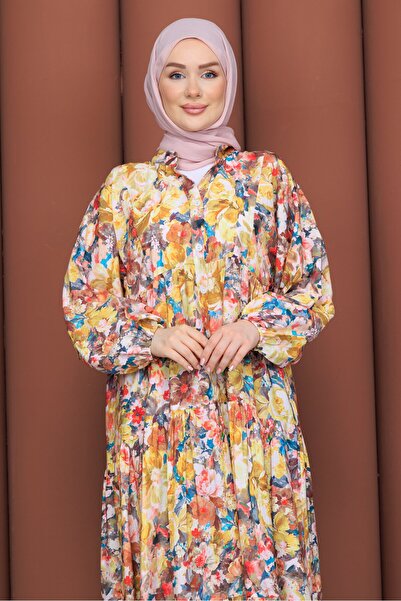 PAVENTİ Modal Dress Yellow with Yellow Flowers