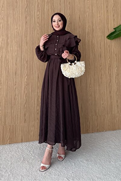 Rimel Moda Melan Fırfırlı Elbise Acı Kahve