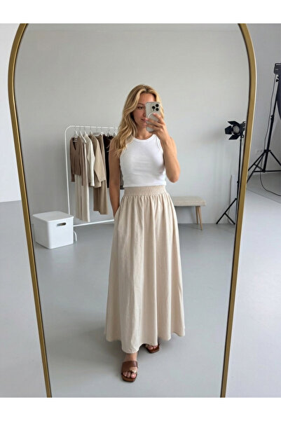 RuyaMood Kadın Bej %100 Tencel Kumaş Beli Lastikli Cep Detaylı Etek