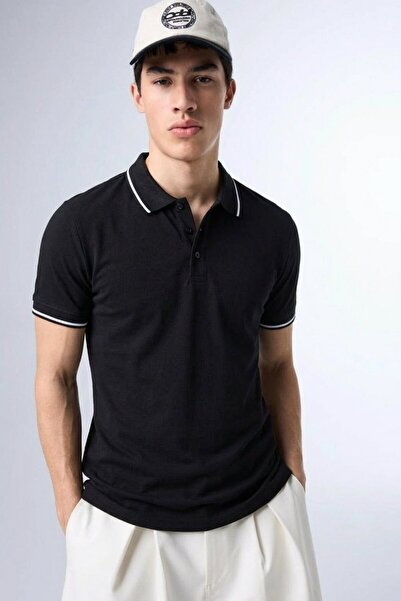 comstar Men's Striped Relaxed Black Polo Neck T-Shirt