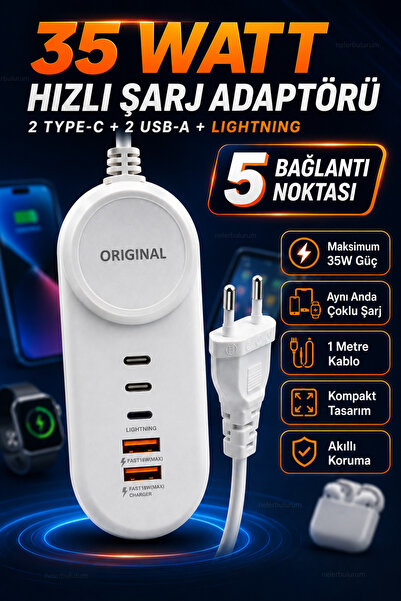 nelerbulurum 35 WATT Hızlı Şarj Adaptörü 5 Çıkışlı 2 Type-C 2 USB-A PD Lightn...