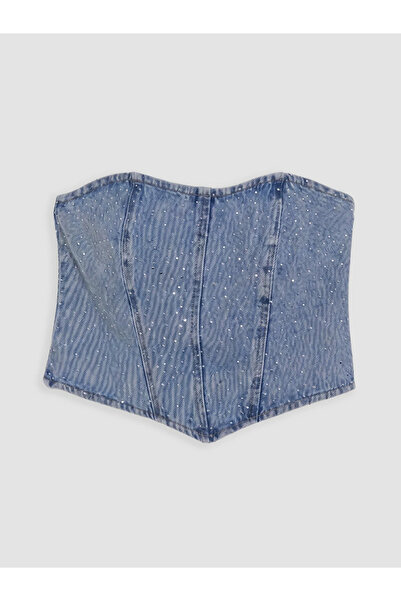 LC Waikiki Blue Strapless Collar Stoned Crop Jean Blouse