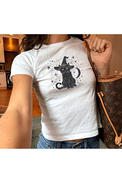 Grafftee Clothing تي شيرت نسائي مطبوع عليه قطة سوداء للهالوين