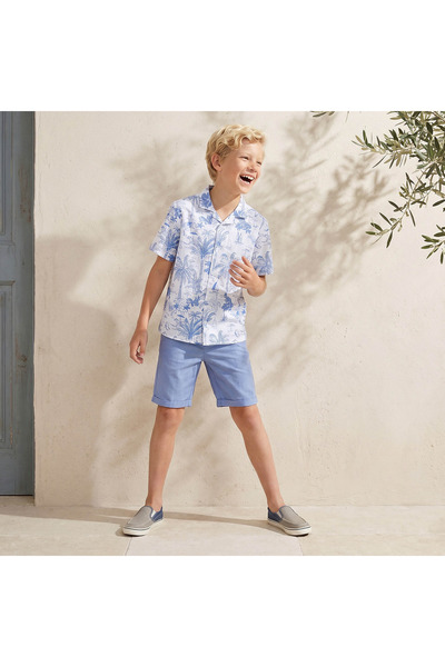 Juniors Collared Short Sleeves Shirt and Shorts Set with Tropical Print