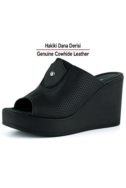 Erkan Saçmacı Rachel Black Genuine Calfskin Perforated Elastic Wedge Heeled S...