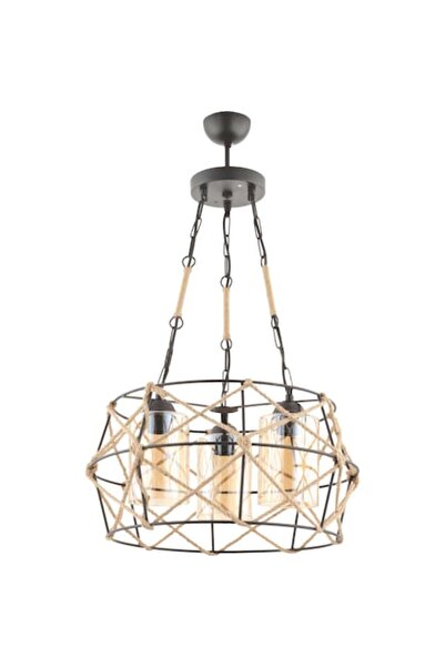 Cojom Corp de iluminat rustic cu 3 becuri metalice negre acoperite cu frânghie