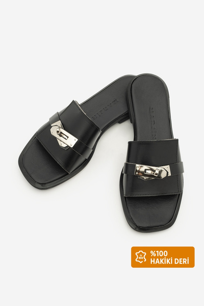 Marjin Women's Genuine Leather Thick Strap Buckle Casual Slippers Sivera Black