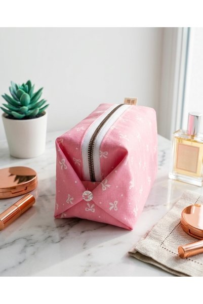 GENCATELİER Women's Pink Patterned Fabric Makeup Bag Hand and Travel Bag Mini...