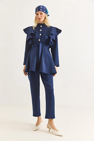 Raneel Kazançlı Alışveriş Button Detailed Stand Collar Ruffled Shoulder Scuba...