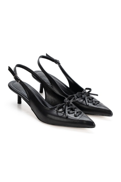 DYG STORE Black Women's 5 cm Lace-Up Pointed Toe Design Heeled Shoes