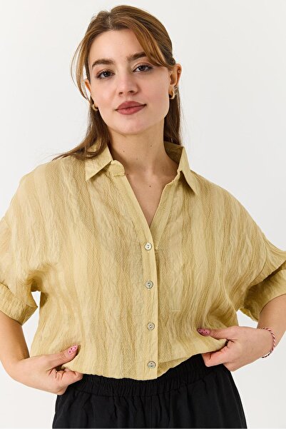 Raneel Kazançlı Alışveriş Women's Drawstring Waist Crop Loose Fit Shirt in Fa...