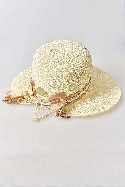 Raneel Kazançlı Alışveriş Women's Straw Visor Hat with Bow Accessory Ecru