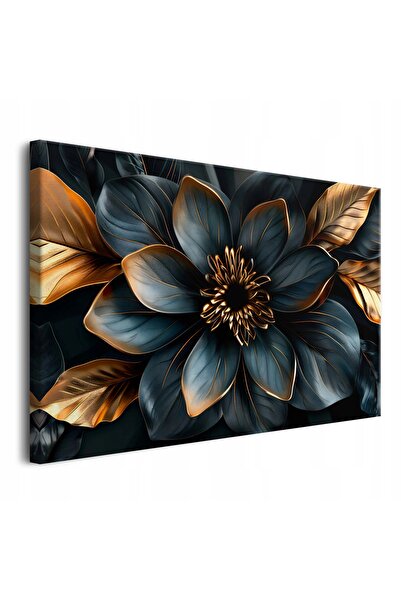 Naklejkomania Tablou pe panza, Floare si frunze aurii, 120 cm x 80 cm, Cu ram...