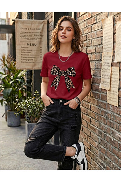 KVİNS Women's Leopard Patterned Bow Print Crew Neck Short Sleeve White T-Shirt