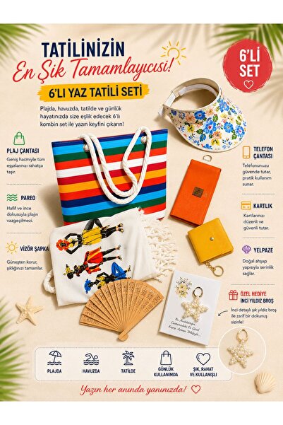 Eom Plaj Çantası Seti I 6 Parça I Yaz Tatili Kombin Seti I Pareo Vizör Şapka ...