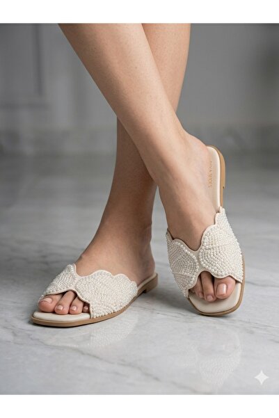HİGHRUN Women's Oyster-Like Pearl-Embellished Slippers