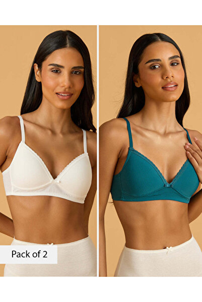REDTAG Women's White And Green Textured Non-Wired Padded Bra 2-Pack