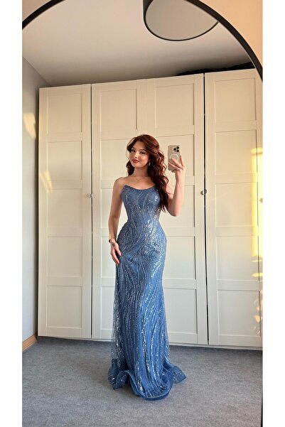 ayşenur Dinçer butik Atlantis Taş Detaylı Abiye İndigo