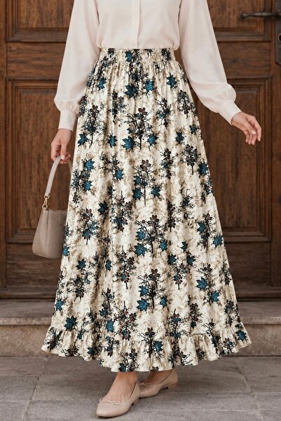 İmajButik Petrol Green Patterned Viscose Skirt with Elastic Waist