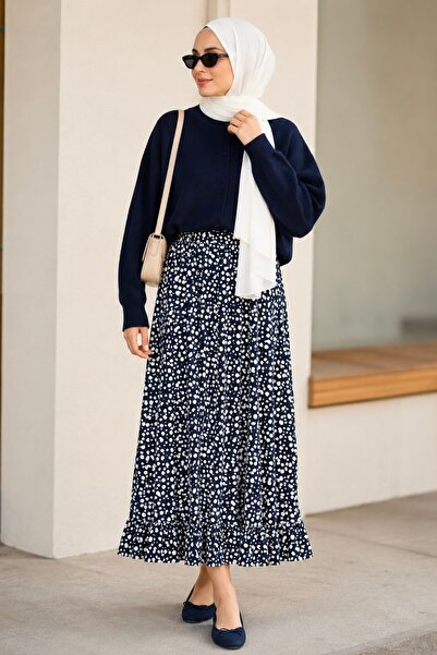 İmajButik Navy Blue Patterned Viscose Skirt with Elastic Waist