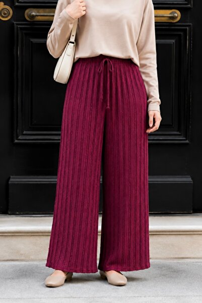 İmajButik Plum Waist Elasticized Wide Leg Seersucker Trousers
