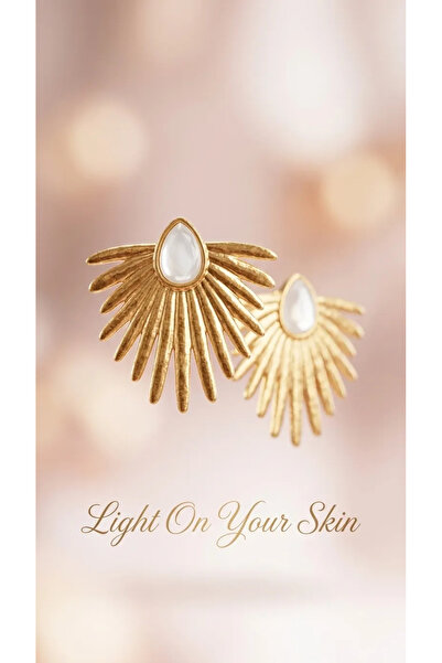 Zeraf Takı Zeraf Gold Tone Sunbeam Shaped Stone Detailed Earrings