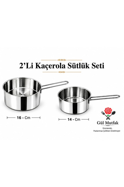 Gül Mutfak 2-Piece Steel Milk Pot Set Sauce Bowl Stainless Steel Saucepan 14-...
