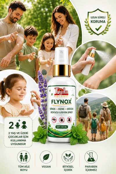 TİJDA FLYNOX SİNEK BÖCEK KENE KOVUCU LOSYON SPREY 150 ML DOĞAL BİTKİSEL TÜM VÜCUT SEYAHAT TATİL BOY
