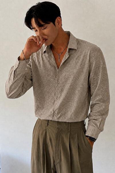 COOL TARZ Flamlı Linen Patterned Men's Regular Long Sleeve Apaj Collar Shirt