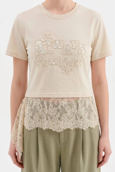 Myra Beige T-Shirt with Bead Embroidery Detail on the Front and Ruffled Hem D...