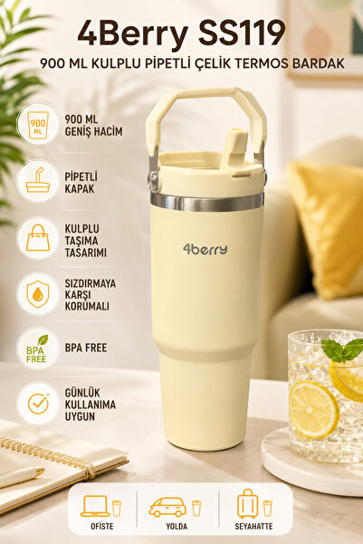 4 Berry SS119 900 ml Çelik Termos Bardak Pipetli Kulplu Taşınabilir Su Matara...