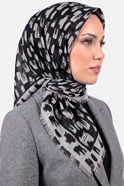 hadiora Women's Black Light Gray Brush Patterned Flared Twill Scarf