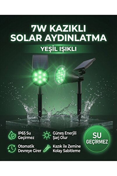 AC AYDINLATMA 7W Kazıklı Solar Bahçe Aydınlatması Yeşil Işıklı | IP65 Su Geçi...