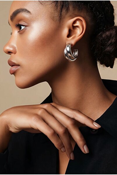 LYKOS Steel Silver Color Asymmetrical Hoop Model Women's Earrings