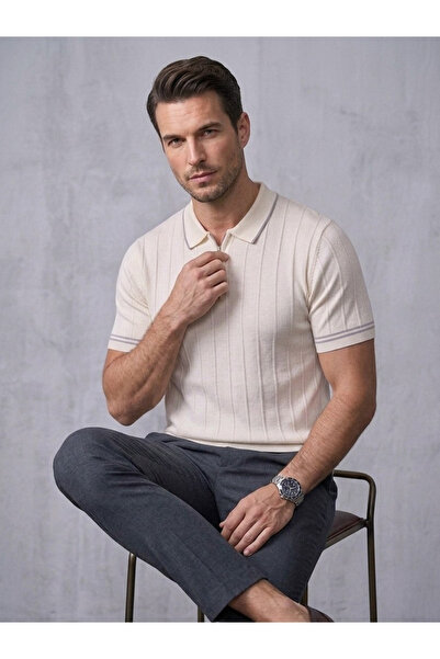 Ewarro Men's Knitwear T-Shirt Striped Zippered Polo Collar