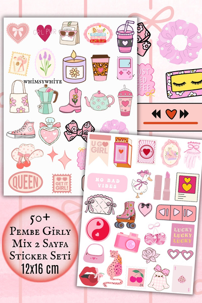 WhimsyWhite Pink Themed Mix Girly Sticker Set 2 Sheets - 12X16 cm - Kawaii Y2...