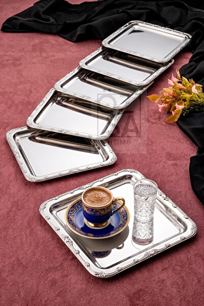 ÖzSa Home Antique Lüx 6 Adet 21 cm Paslanmaz Çelik Gümüş Renk Desenli Kare Te...