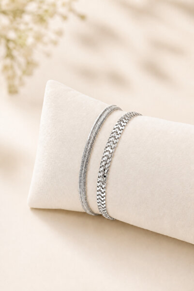 Crc Bijuteri Silver Color Elegant and Stylish 2-Piece Women's Bracelet Set