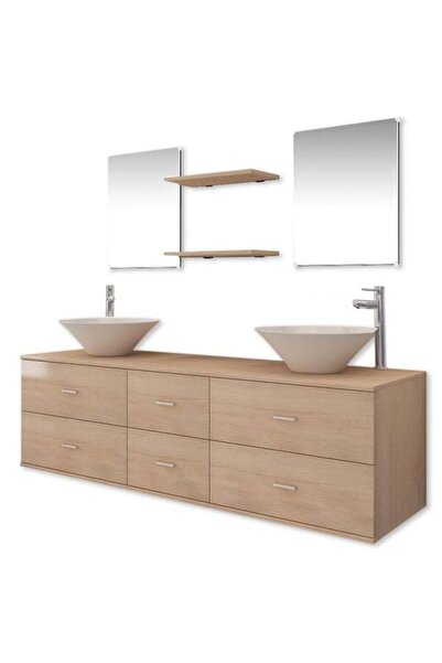vidaxl Set de mobilier de baie din 9 piese, cu chiuvete și baterii incluse, bej