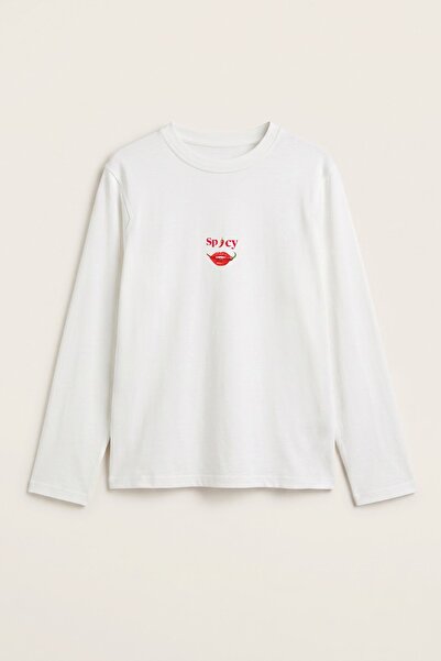 GIA - ART Women's Long Sleeve T-Shirt Spicy Lips Printed White – Stretchy Fab...