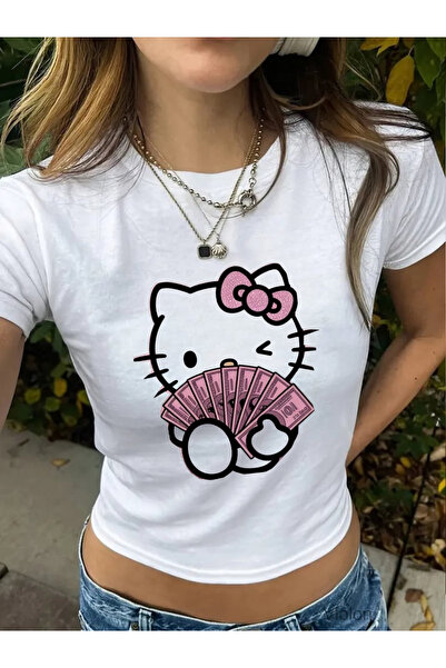 Violon Kadın Beyaz Hello Kitty Pembe Dolar Baskılı Crop