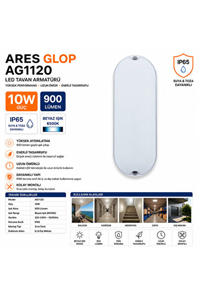 ARES Glop AG1120 Beyaz 10W LED Tavan Armatürü IP65 Suya Dayanıklı 900 Lümen