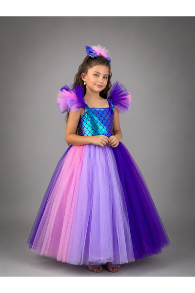 Buse&Eylül Bebe Mermaid Princess Girl's Dress - Pastel Purple Colored Tulle D...
