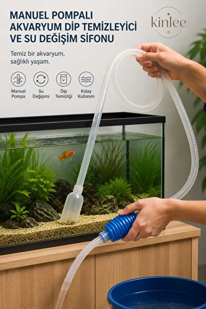Kinlee Akvaryum Dip Temizleme ve Su Değişim Seti Manuel Sifon Hortumu Kum Çek...
