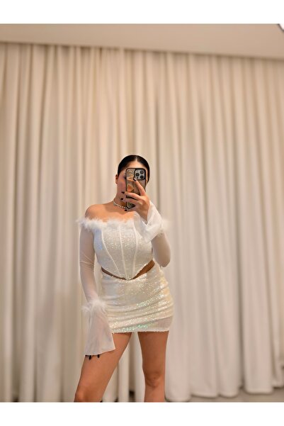 Labien Butik Korse Beyaz Takım – Payet & Tüy Detaylı