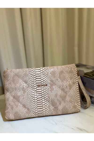 Labien Butik Lüks Marka Snake & Croco Dokulu Clutch Çanta – Bej