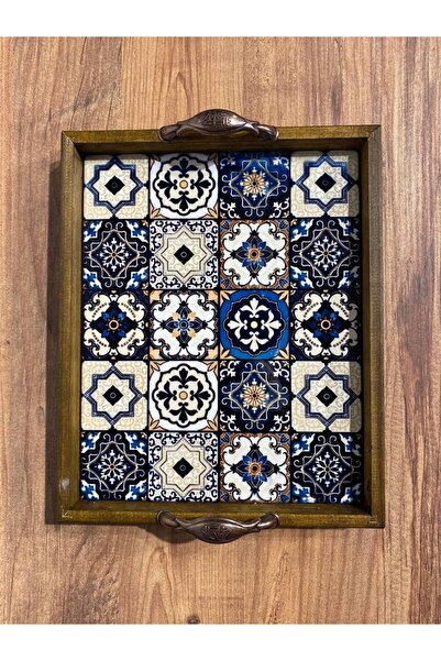ColorCraft AHŞAP ÇERÇEVELİ MODERN DESENLİ SERAMİK YÜZEYLİ KAHVE, SUNUM TEPSİ