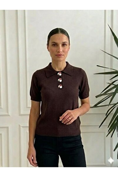 yb yağmur butik Tricotaj cu mânecă scurtă, cu guler polo și detaliu cu nastur...