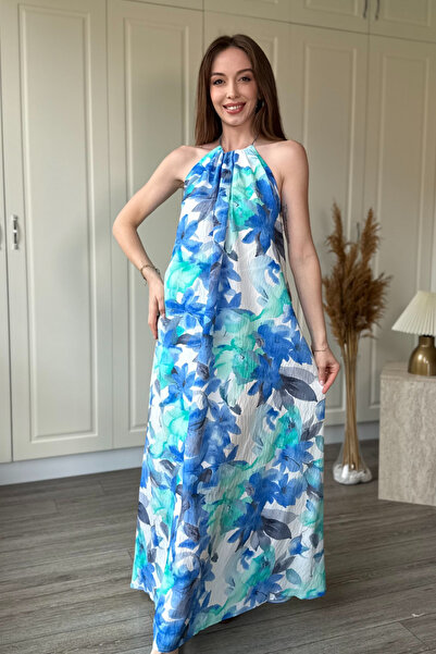 Dilay Gökoğlu Butik Halter Neck Floral Patterned Long Dress